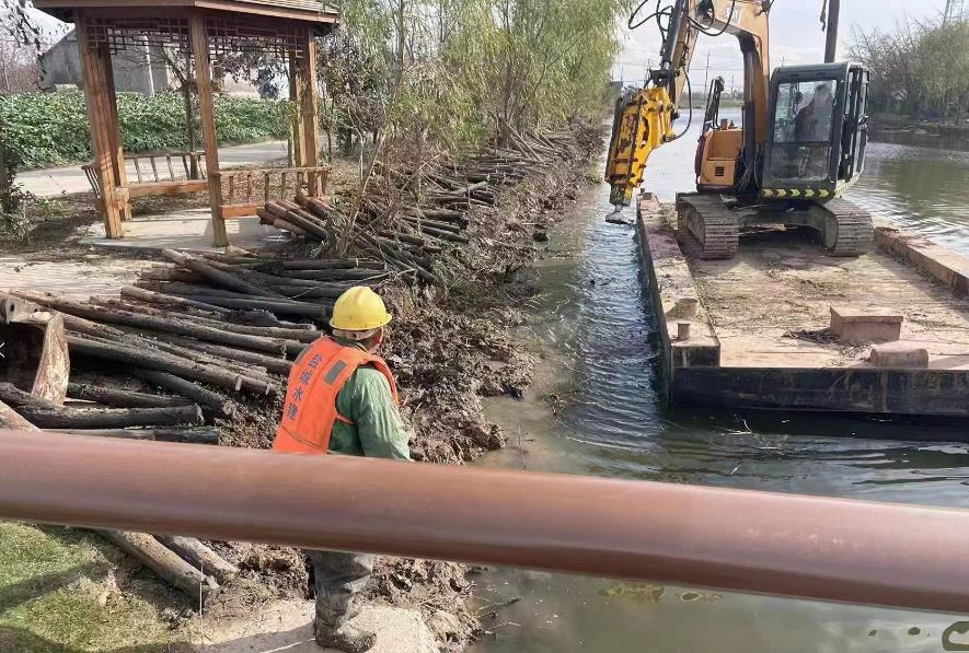施工人員在使用松木樁解決新城街道全域河道生態治理問題